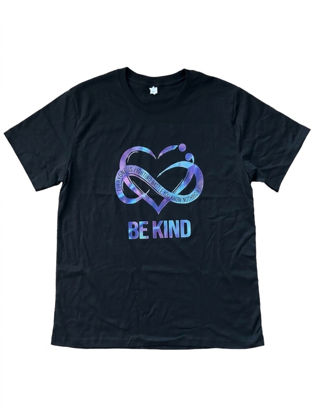 Be Kind Awareness Graphic Tee Iridescent Infinity Heart Black Shirt